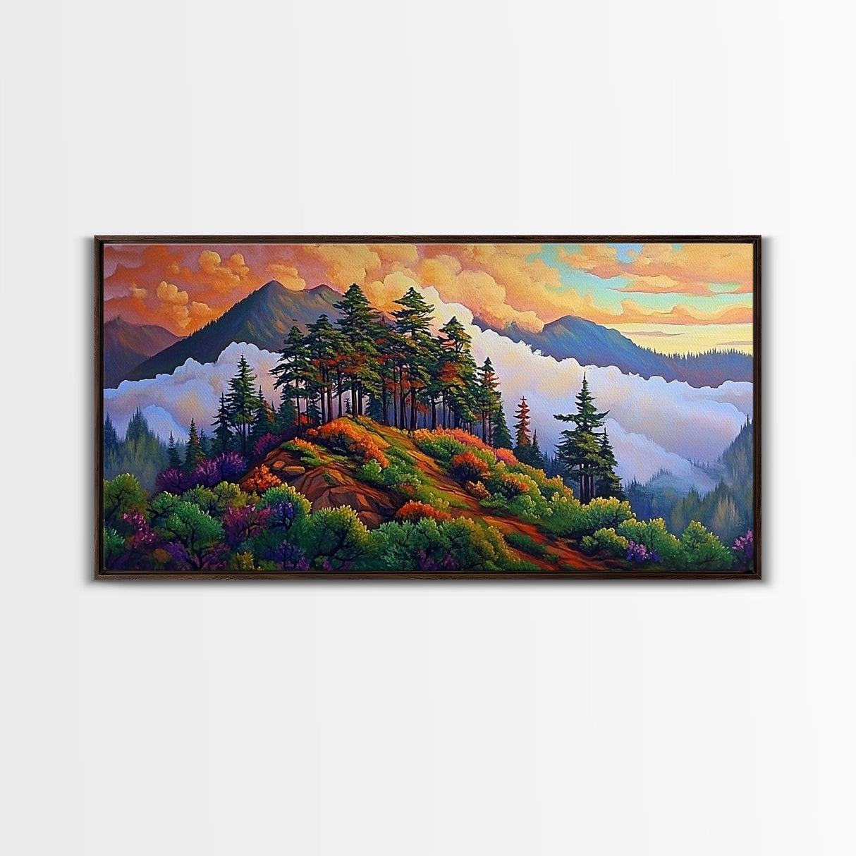 Mountain Trees, Sunset Ridge, Cloudy Peaks, Framed Canvas Print, Nature Inspired Wall Art, Autumn Living Room or Office Decor