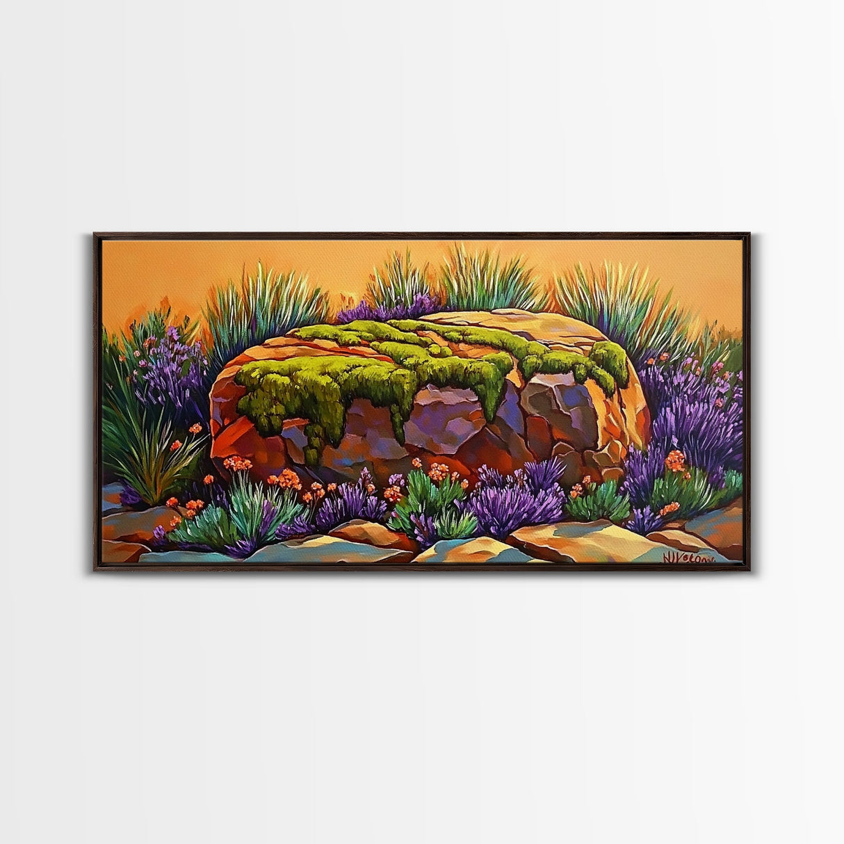 Moss Rock, Desert Garden, Sunset Stone, Framed Canvas Print, Rustic Wall Art, Kitchen or Bathroom Decor, Desert Botanical Artwork