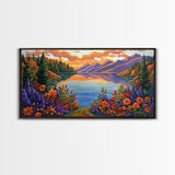 Mountain Lake, Sunset Reflection, Wildflower Meadow, Canvas Print, Vibrant Nature Art, Living Room or Cabin Wall Decor