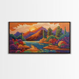 Sunset Lake, Autumn Trees, Mountain Reflections, Framed Canvas Print, Cozy Fall Wall Art, Bedroom Decor, Warm Landscape Painting