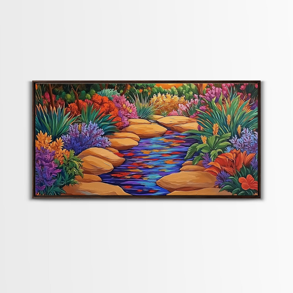 Stone Stream, Sunset Path, Desert Garden, Canvas Print, Nature Inspired Wall Art, Living Room Decor, Boho Botanical Style