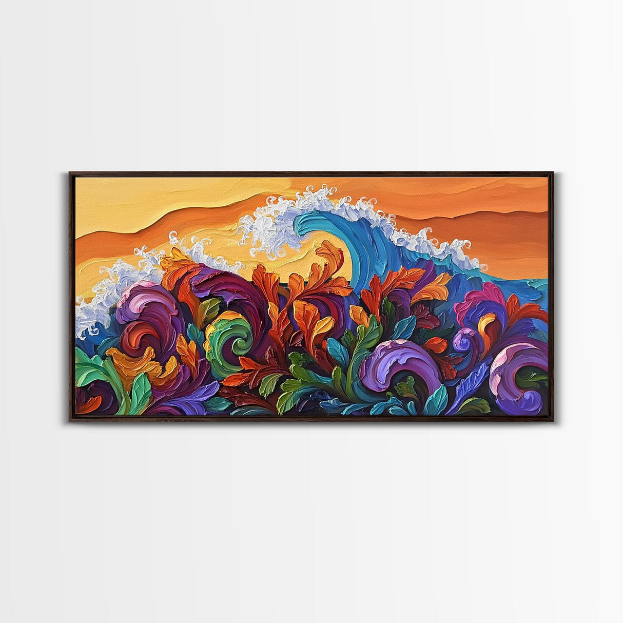 Abstract Wave, Tropical Swirl, Sunset Motion, Framed Canvas Print, Colorful Modern Wall Art, Living Room Decor, Bold Ocean Art