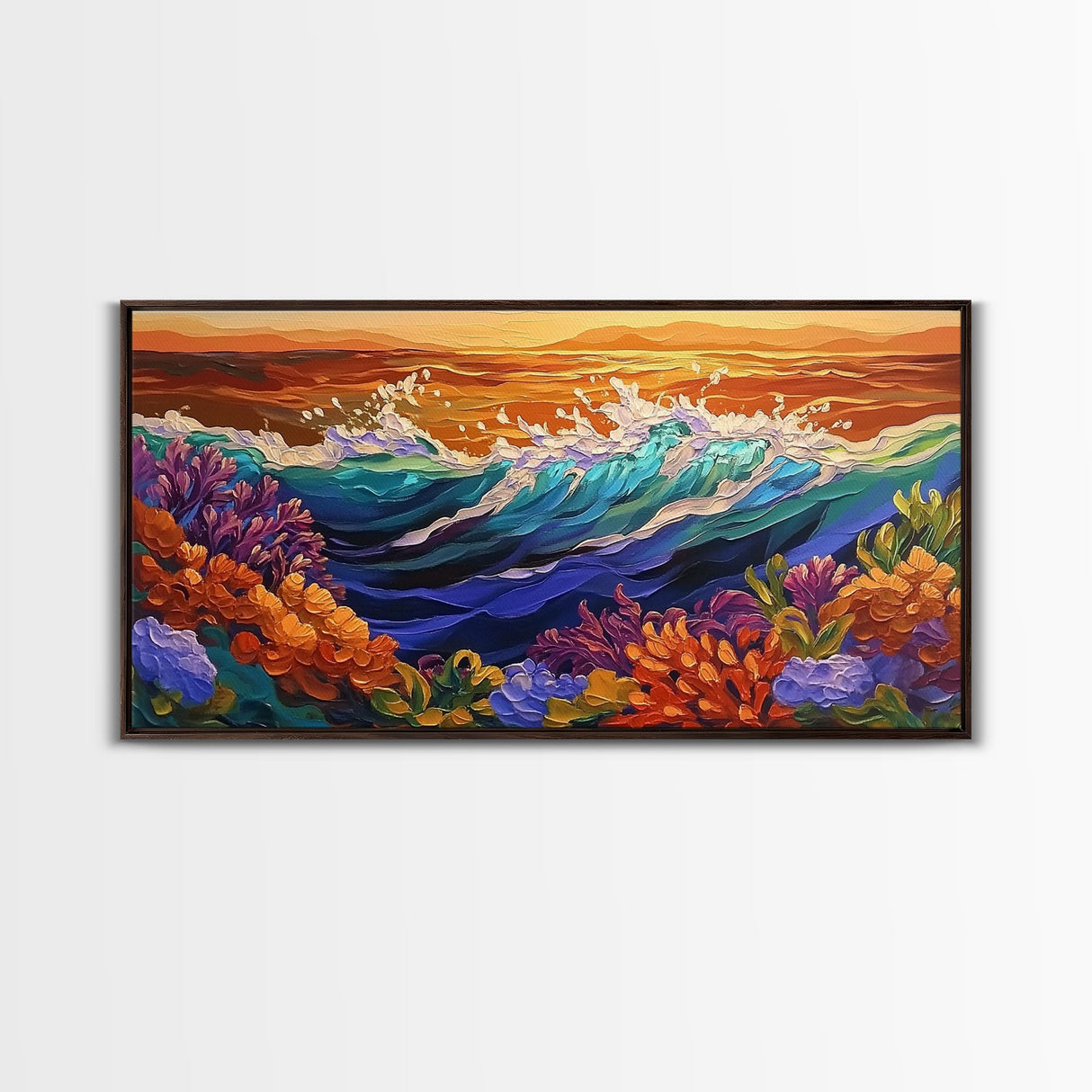 Ocean Bloom, Sunset Surf, Tropical Waves, Canvas Print, Vibrant Coastal Wall Art, Beach House Decor, Colorful Seascape Painting