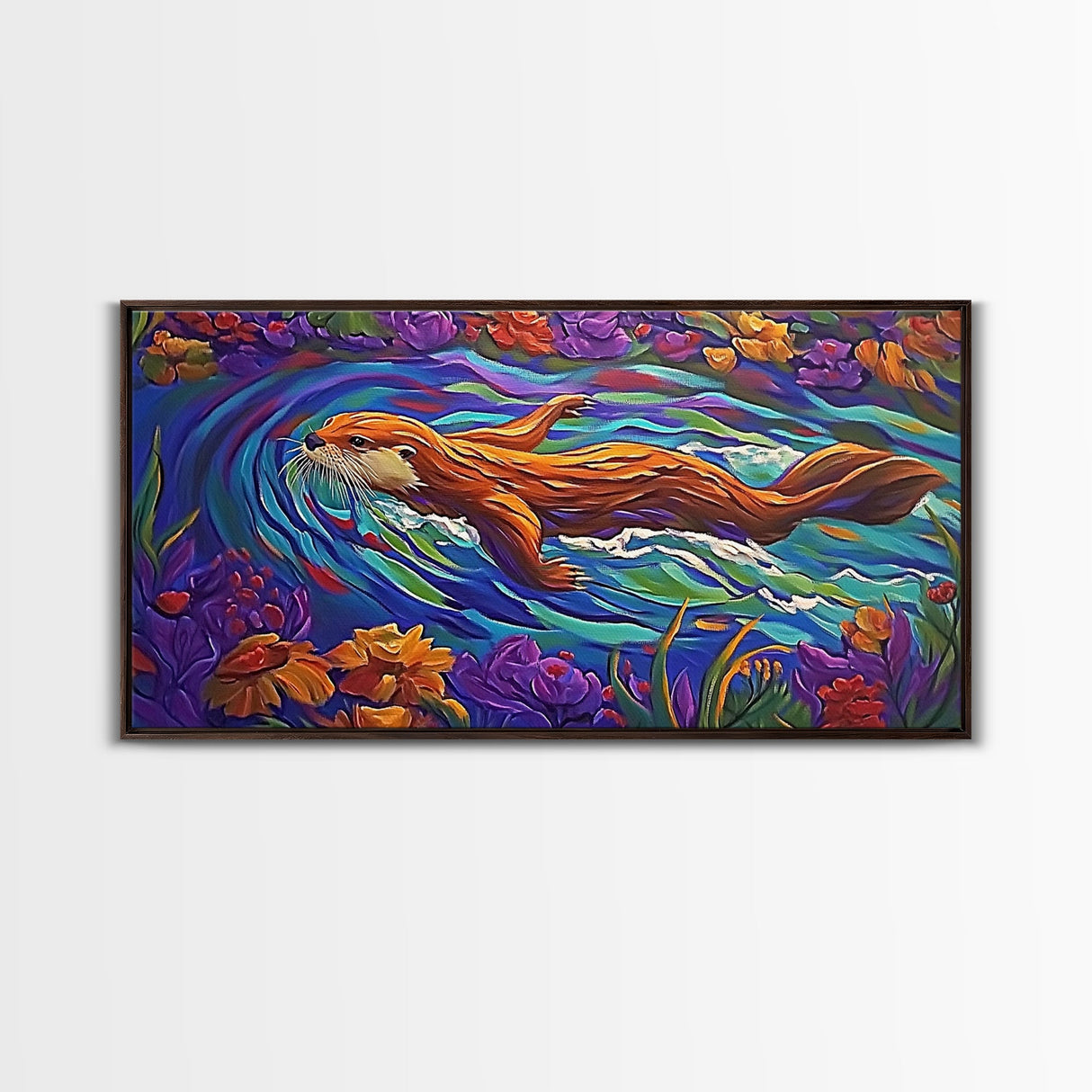 Otter River, Flowers, Playful, Framed Canvas Print, whimsical animal wall art, nursery decor, boho kids room artwork, cheerful vibe