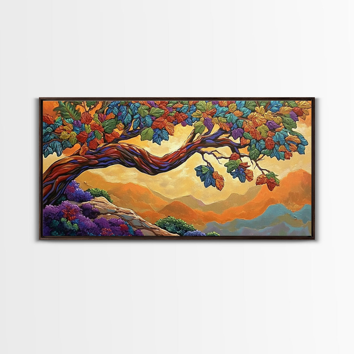 Tree Autumn, Leaves, Branches, Framed Canvas Print, foliage fall decor, mountain wall art, boho style living room, nature painting