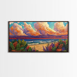 Tropical Beach, Clouds, Canvas Print, Colorful coastal beach artwork with dramatic clouds and waves, Bathroom Wall Art, coastal style