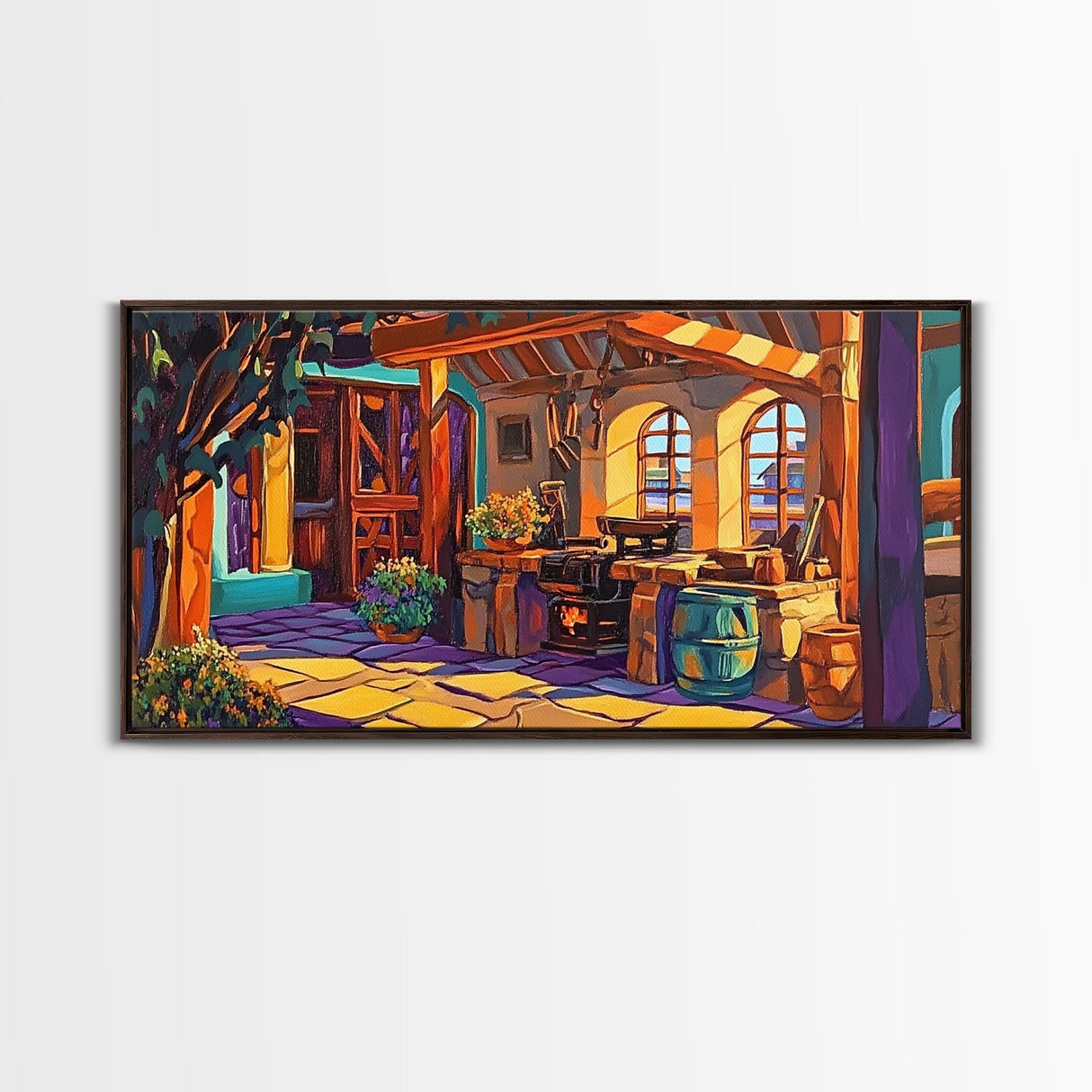 Rustic Kitchen, Mexican, Decor, Framed Canvas Print of rustic kitchen, Kitchen Wall Art, warm tones, bohemian style interior decor