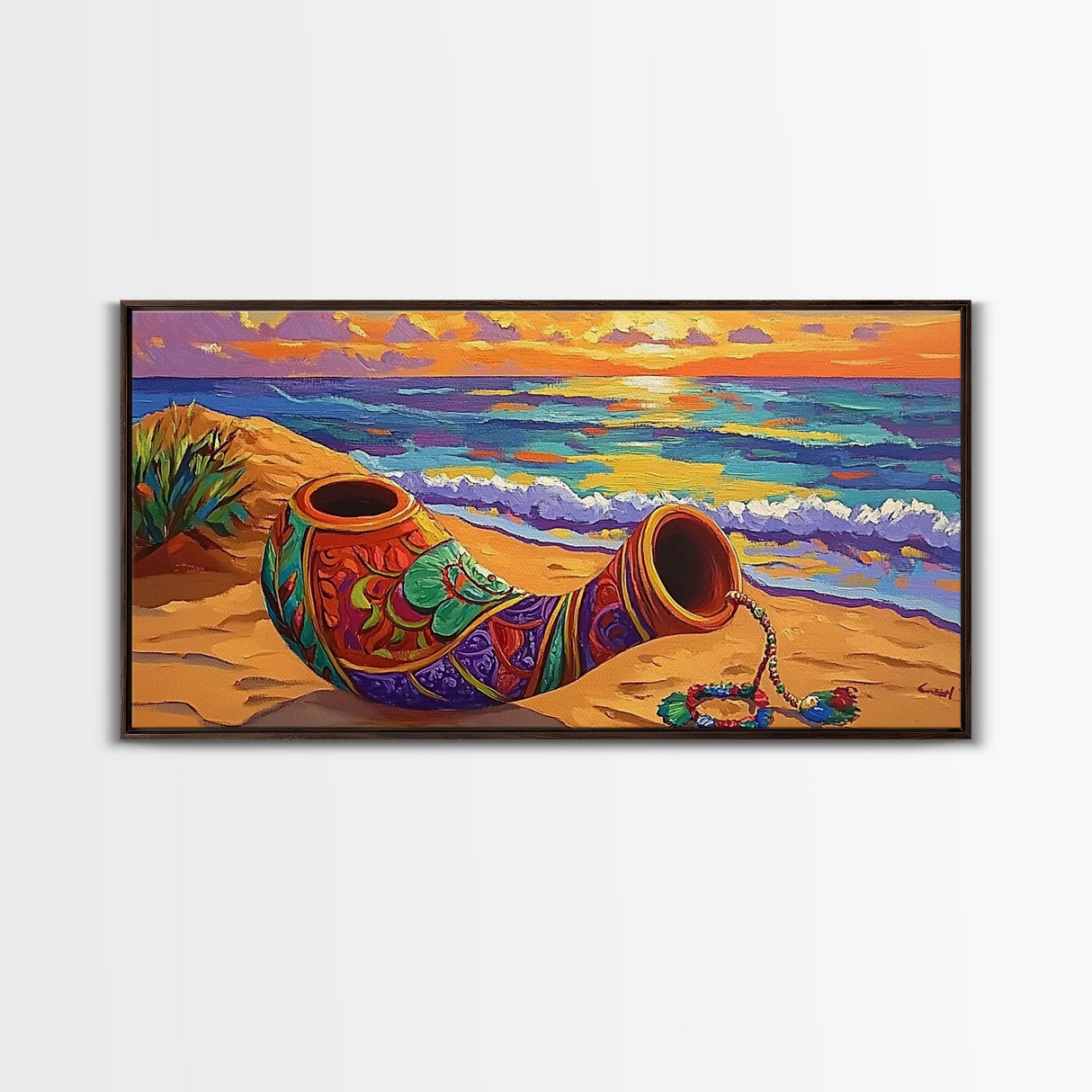 Horn Sand, Sunset, Shore, Framed Canvas Print boho beach decor, living room Mexican art, coastal horn painting, rustic folk art