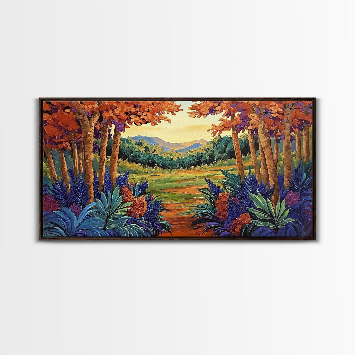 Forest Fall, Colorful, Leaves, Framed Canvas Print bold woodland foliage design, vibrant autumn landscape art, hallway wall accent