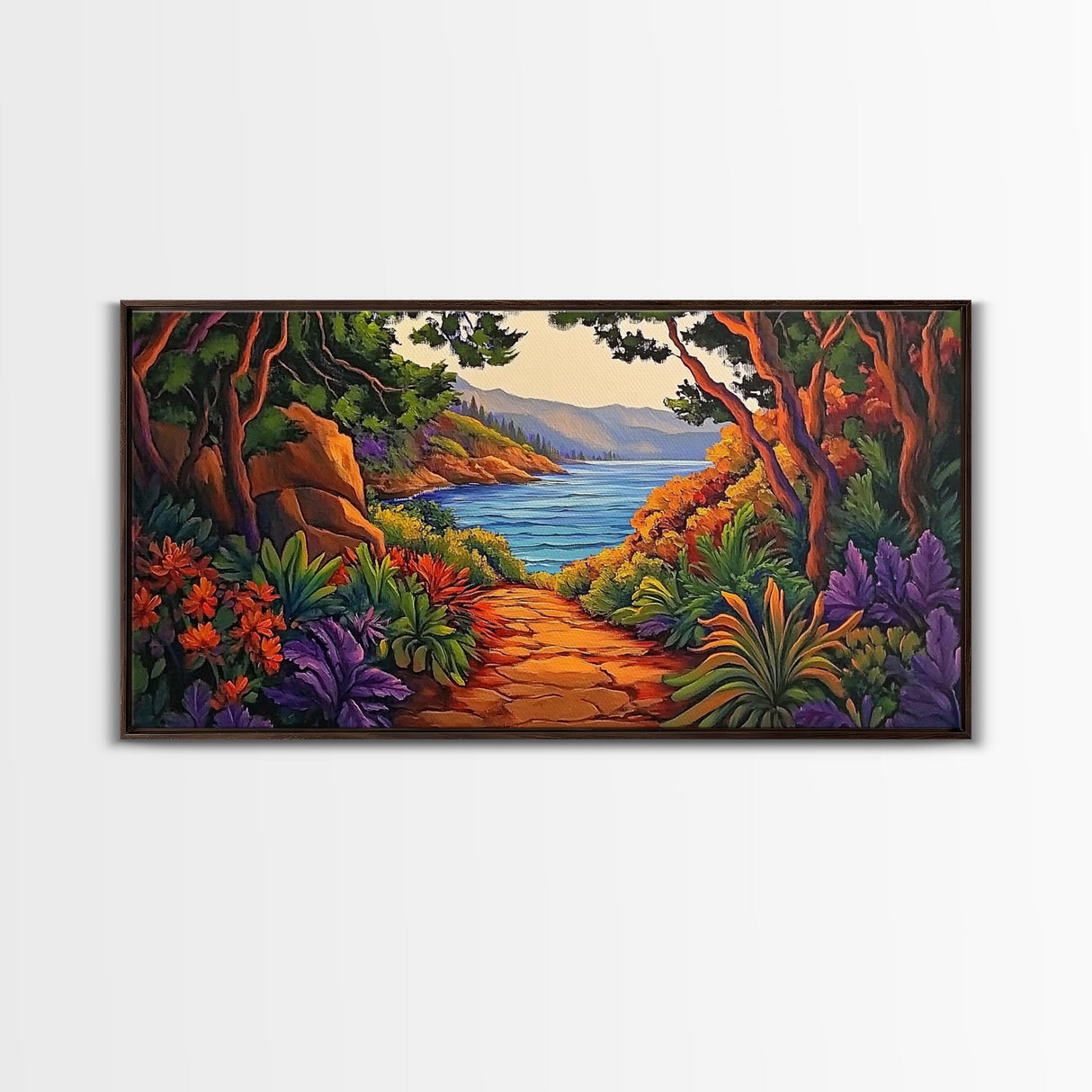 Trail Trees, Ocean, Bright, Framed Canvas Print vibrant nature path artwork, coastal forest boho art, kitchen wall decor