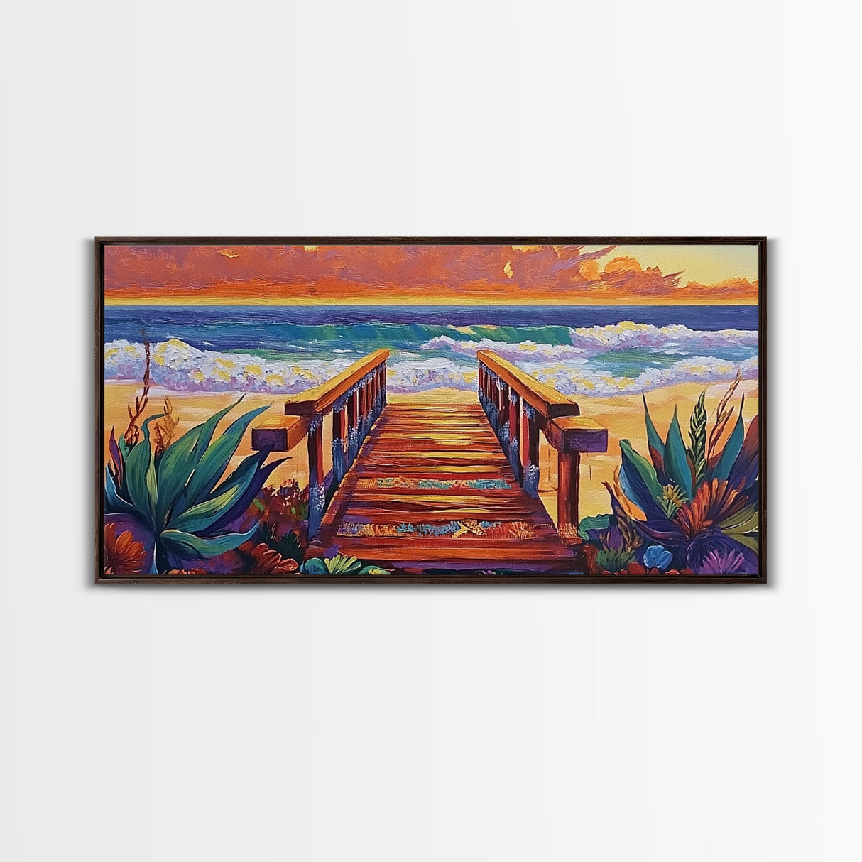 Beach Boardwalk, Sunset, View, Framed Canvas Print, boardwalk to beach, Coastal Entryway Art, sunset seascape painting, ocean cottage