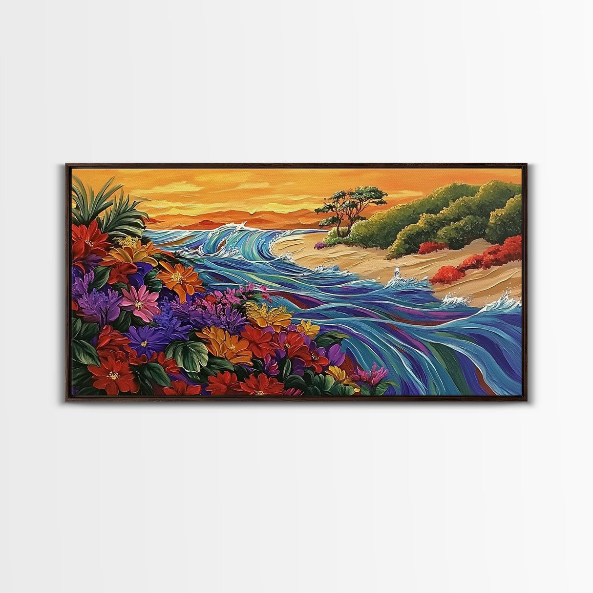 Wildflowers, Coastal Waves, Tropical Shore, Canvas Print, Floral Beach Art, Vibrant Living Room or Kitchen Wall Decor