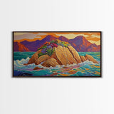 Island Sunset, Coastal Flowers, Ocean Rocks, Framed Canvas Print, Tropical Landscape Wall Art, Colorful Living Room Art, Entryway Decor