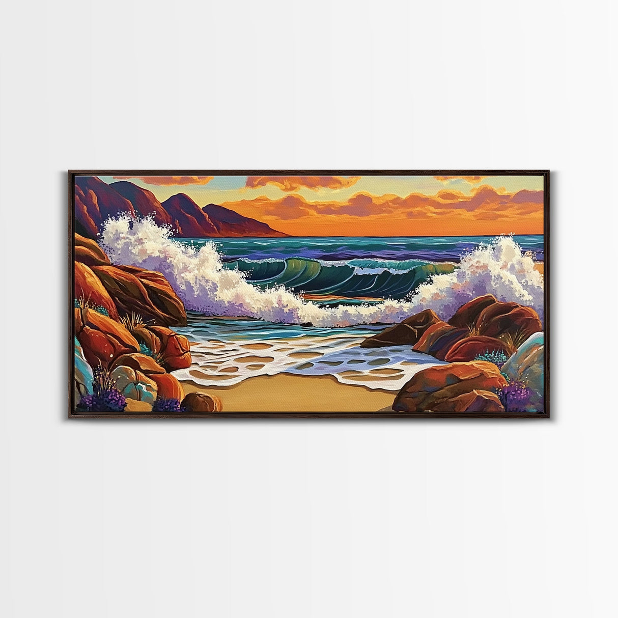 Sunset Surf, Crashing Waves, Coastal Mountains, Canvas Print, Vibrant Seascape Wall Art, Beach House Art, Bathroom Ocean Decor