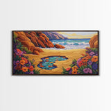 Tide Pool, Sandy Shore, Flower Beach, Canvas Print, Coastal Floral Wall Art, Vibrant Kitchen  Art, Hallway Summer Decor