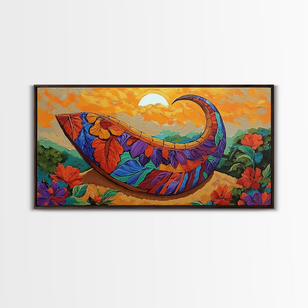 Harvest Sunset, Cornucopia, Floral, Framed Canvas Print Thanksgiving wall art, vibrant boho painting, Fall kitchen decor, rustic style