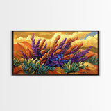 Lavender Bloom, Desert, Hillside, Framed Canvas Print Vibrant floral wall art, southwest boho style, Autumn art, hallway decor