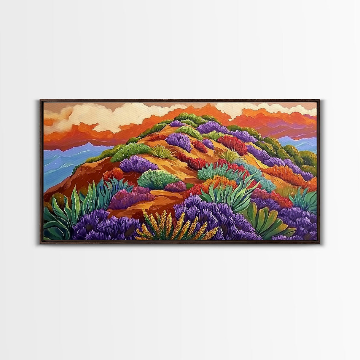 Wildflower Mountain, Sunrise, Hillside, Framed Canvas Print Bold desert landscape, colorful botanical art, boho Fall bedroom decor