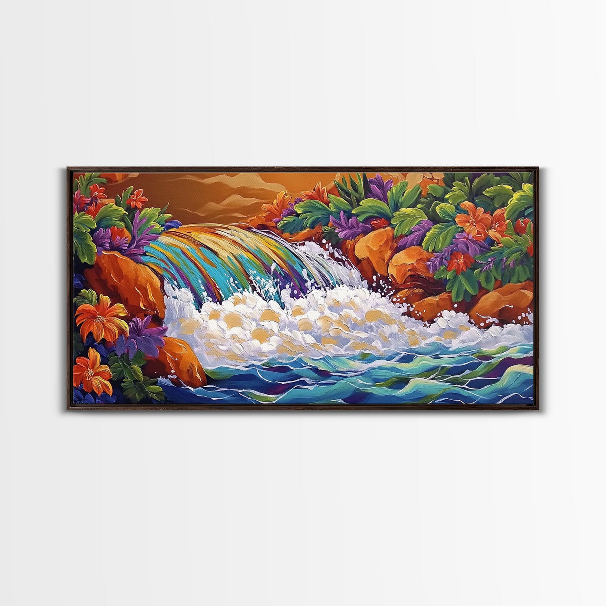 Rainbow, Waterfall, Jungle, Sunset, Framed Canvas Print Tropical boho art, bathroom art, living room decor, floral nature painting