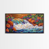 Rainbow, Waterfall, Jungle, Sunset, Framed Canvas Print Tropical boho art, bathroom art, living room decor, floral nature painting