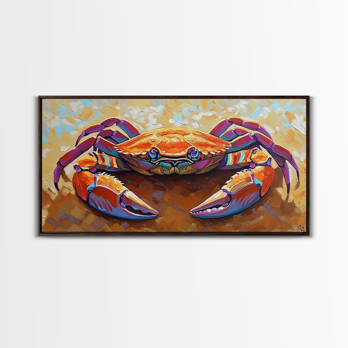 Crab Beach, Bold, Colorful, Coastal Sea Life Framed Canvas Print, Bathroom Wall Art, Nautical Art, Beach House Decor, Ocean Art