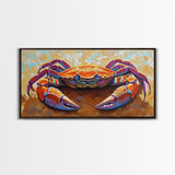 Crab Beach, Bold, Colorful, Coastal Sea Life Framed Canvas Print, Bathroom Wall Art, Nautical Art, Beach House Decor, Ocean Art