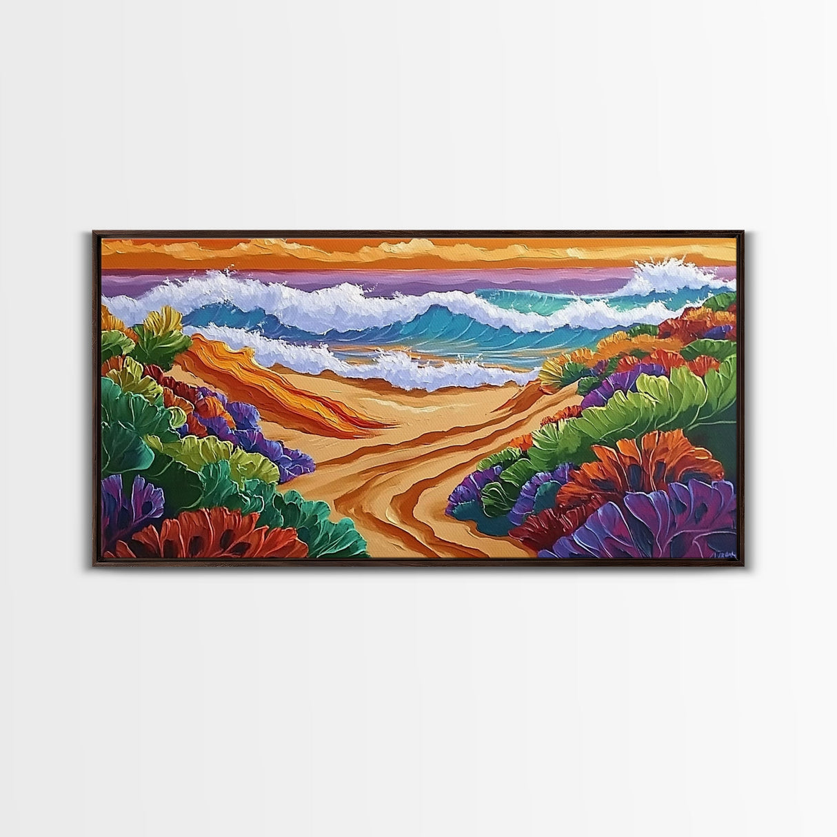 Sunset, Ocean, Trail, Beach, Coastal Sunset Pathway Framed Canvas Print, Bedroom Wall Art, Vibrant Seaside Landscape, Bold Color Decor