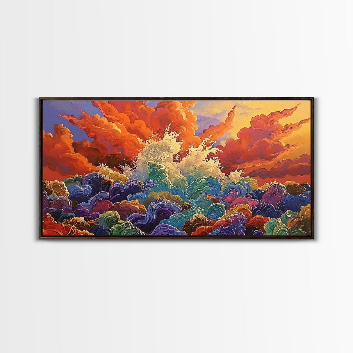 Waves Sunset, Abstract, Framed Canvas Print, Bold Ocean Explosion Art, Colorful Modern Wall Decor, Coastal Vibe Art Piece