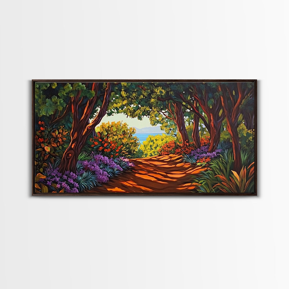 Trees Path, Ocean, Framed Canvas Print, Nature Trail Landscape Art, Peaceful Forest Wall Decor, Tranquil Boho Living Room Art