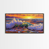 Wave Ocean, Sunset, Surf, Framed Canvas Print, tropical wave wall decor, surf boho art, vibrant beach bathroom or office wall art