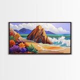 Rocks Beach, Flowers, Ocean, Framed Canvas Print, colorful tropical seascape, modern coastal wall art, bright nature themed decor