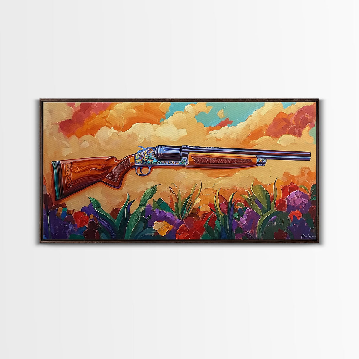 Shotgun Floral, Sunset, Western, Framed Canvas Print, rustic hunting cabin art, bold Americana decor, man cave or lodge wall print