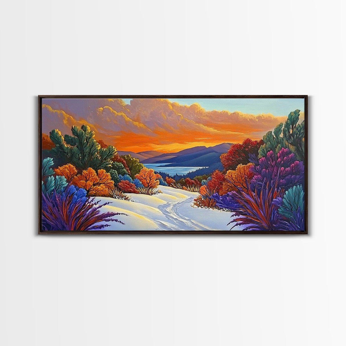 Winter Sunset, Lake, Trees, Framed Canvas Print, Autumn cabin wall art, colorful landscape living room decor, mountain snow painting