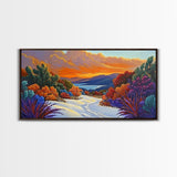 Winter Sunset, Lake, Trees, Framed Canvas Print, Autumn cabin wall art, colorful landscape living room decor, mountain snow painting