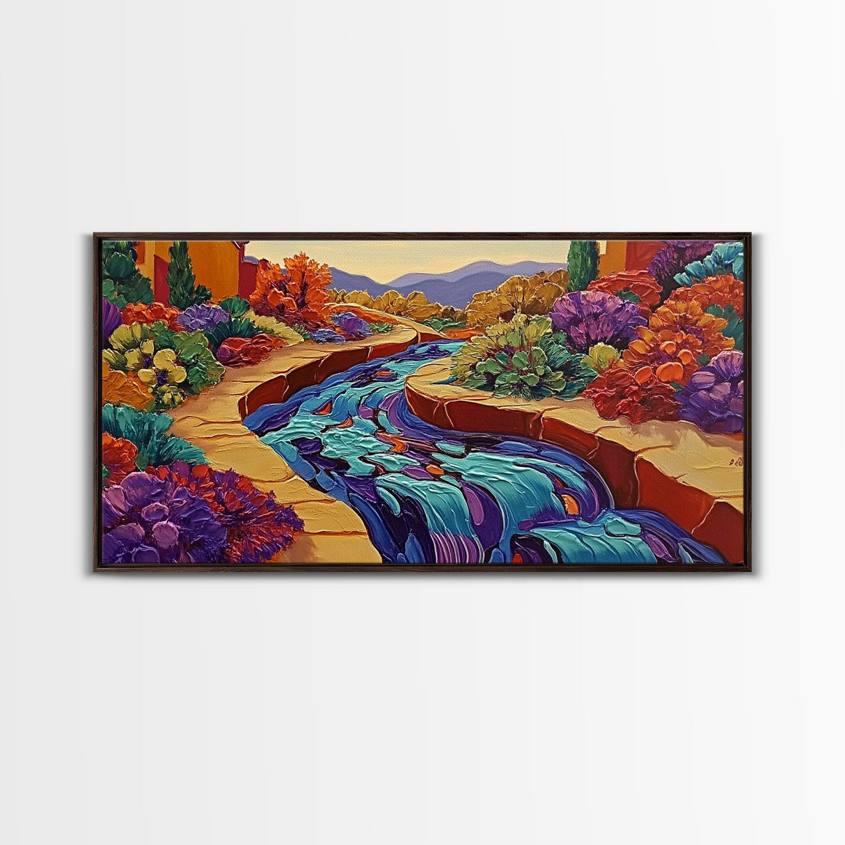 Stream Garden, Colorful, Path, Framed Canvas Print, Southwestern landscape art, bright garden painting, hallway decor, fall home vibe
