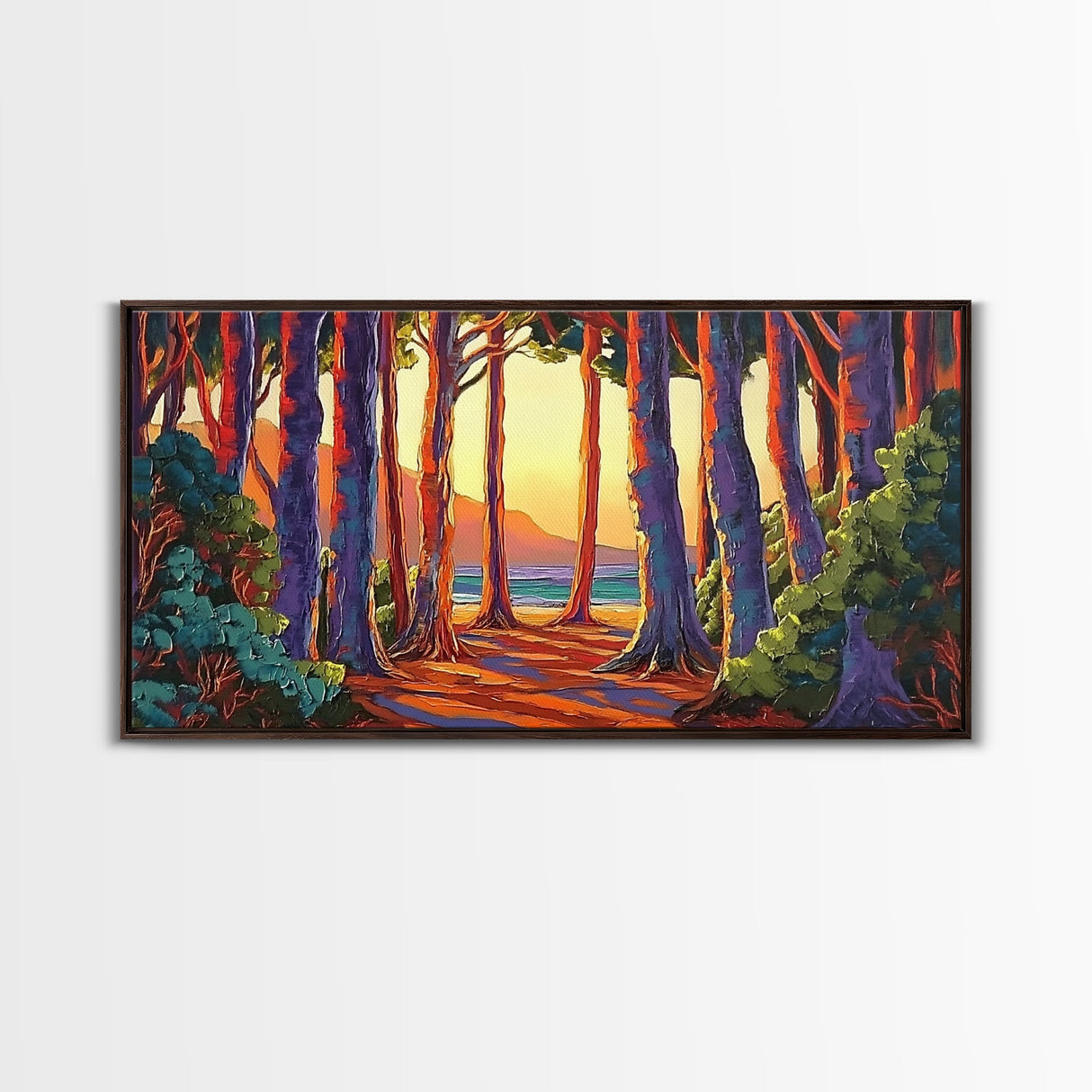Trees Forest, Ocean, Sunset, Coastal Forest Path Framed Canvas Print, Nature Lover Wall Art, Cabin Decor, Fall Living Room Art