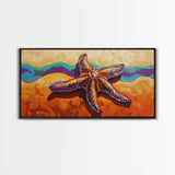 Starfish Beach, Colorful, Textured, Framed Canvas Print, coastal boho decor, ocean theme, beach house bathroom wall art