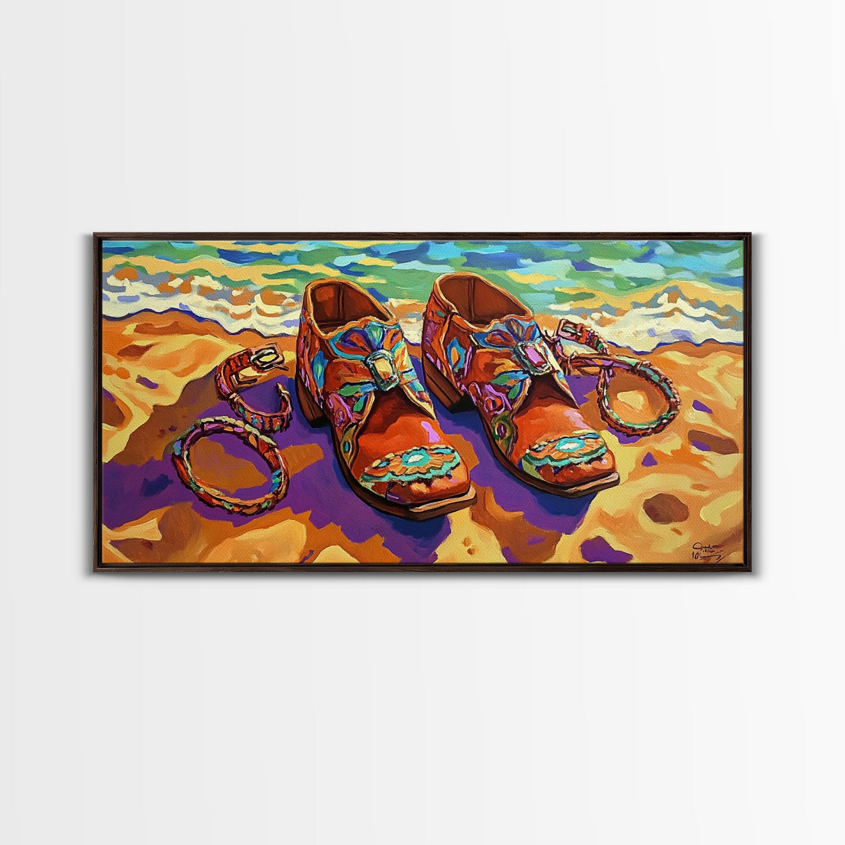 Shoes Beach, Jewelry, Colorful, Framed Canvas Print, southwest fashion art, boutique style, walk-in closet art, fashion studio wall art