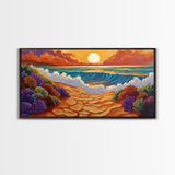 Beach Ocean, Sunrise, Coastal Path, Framed Canvas Print, Vibrant Seaside Art, Bathroom Wall Decor, Nature Landscape, Colorful Waves