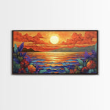Flowers Sunset, Ocean View, Coastal Bloom, Framed Canvas Print, Vibrant Nature Art, Kitchen Wall Decor, Beach Garden Scene, Bold Colors