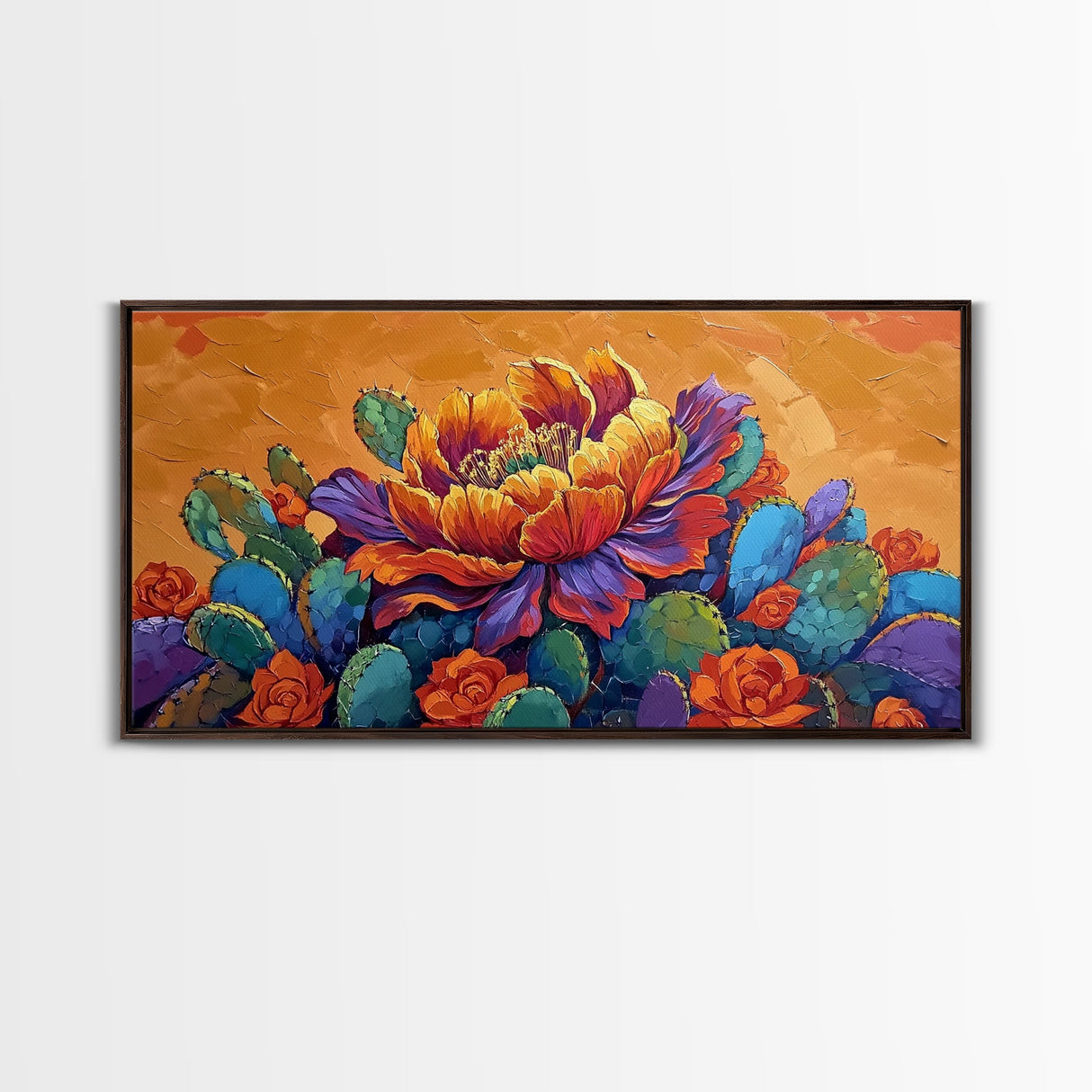 Cactus Bloom, Bold, Flowers, Blooming Cactus Flower Framed Canvas Print, Colorful Botanical Wall Art, Kitchen Boho Decor, Desert Art