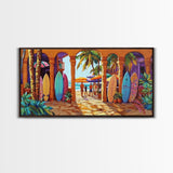 Surfboards Beach, Tropical, Colorful Life, Framed Canvas Print, Coastal Art, Entryway Wall Decor, Surf Shack Vibes, Tropical Summer