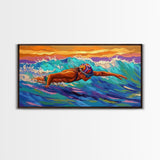 Swimmer Waves, Sunset, Athletic Art, Framed Canvas Print, Ocean Decor, Fitness Wall Art, Bedroom Inspiration, Bold Summer Style