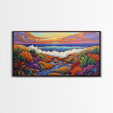 Sunset Ocean, Garden, View, Framed Canvas Print, coastal sunset wall art, tropical flowers, beach décor, boho landscape, living room