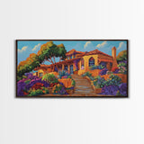 Villa Garden, Adobe, Colorful, Framed Canvas Print, vibrant Mexican villa wall art, blooming flowers, southwestern kitchen décor