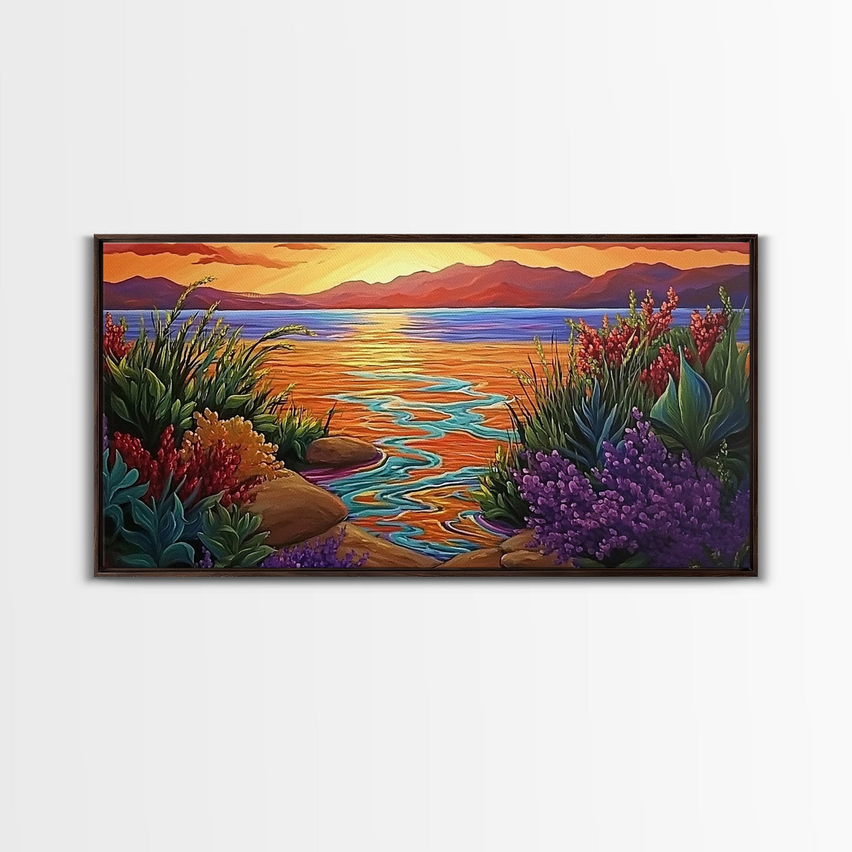 Sunset, Ocean Flowers, Nature Wall Art, vibrant landscape Canvas Print, tropical sunset décor, colorful coastal living room wall art
