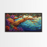 Tree, Ocean, Cliffside, Wildflowers, Framed Canvas Print, Vibrant ocean view, coastal tree decor, autumn style living room wall art