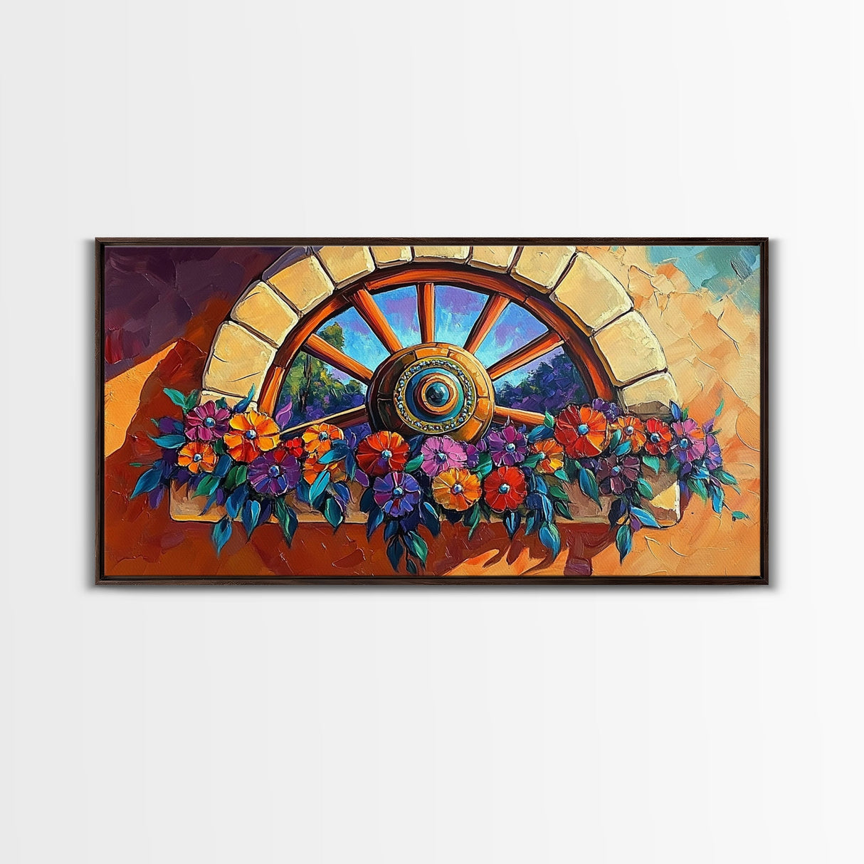Rustic Floral, Window, Art, Framed Canvas, Print Mexican flower wagon wheel wall art, vibrant southwestern decor, boho patio print