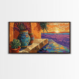 Sunset Terracotta, Patio, Art, Framed Canvas Print, Colorful Mexican pottery scene, vibrant tropical wall art, boho entryway decor