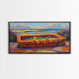 Ocean Terrace, Bath, Scene, Framed Canvas Print Mexican tile spa ocean view, tropical coastal wall art, vibrant bathroom or garden print
